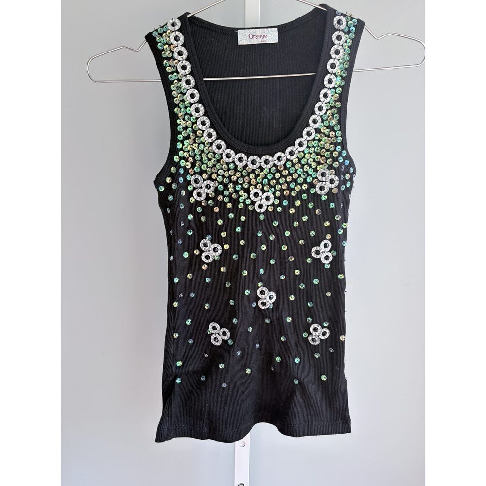 Orange USA Y2K Black Iridescent Sequin Beaded Sleeveless Tank Top S